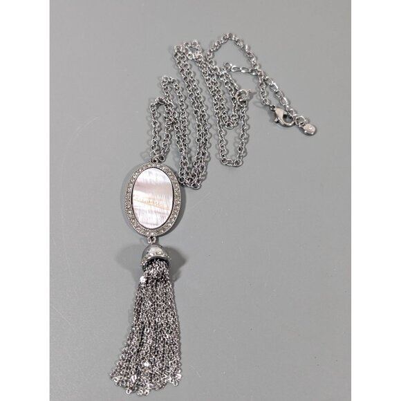 Boho Coastal Chic Abalone Shell Chain Tassel Rhinestone Necklace Long 32" - Picture 3 of 10